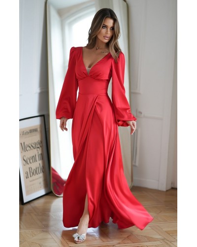 Rochie eleganta lunga, din satin, rosie, cu maneca lunga, crapata pe picior, Natasya - dyandra.ro