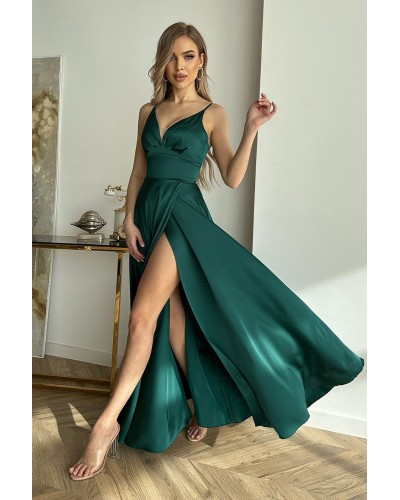 Rochie lunga din satin verde smarald Aleeza - dyandra.ro