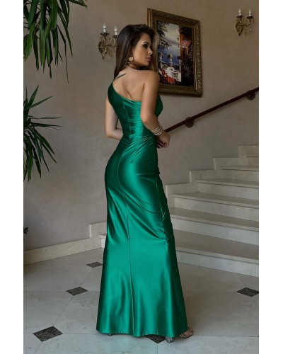 Rochie eleganta lunga, din satin verde smarald, mulata, cu un umar gol, Lisbeth - dyandra.ro