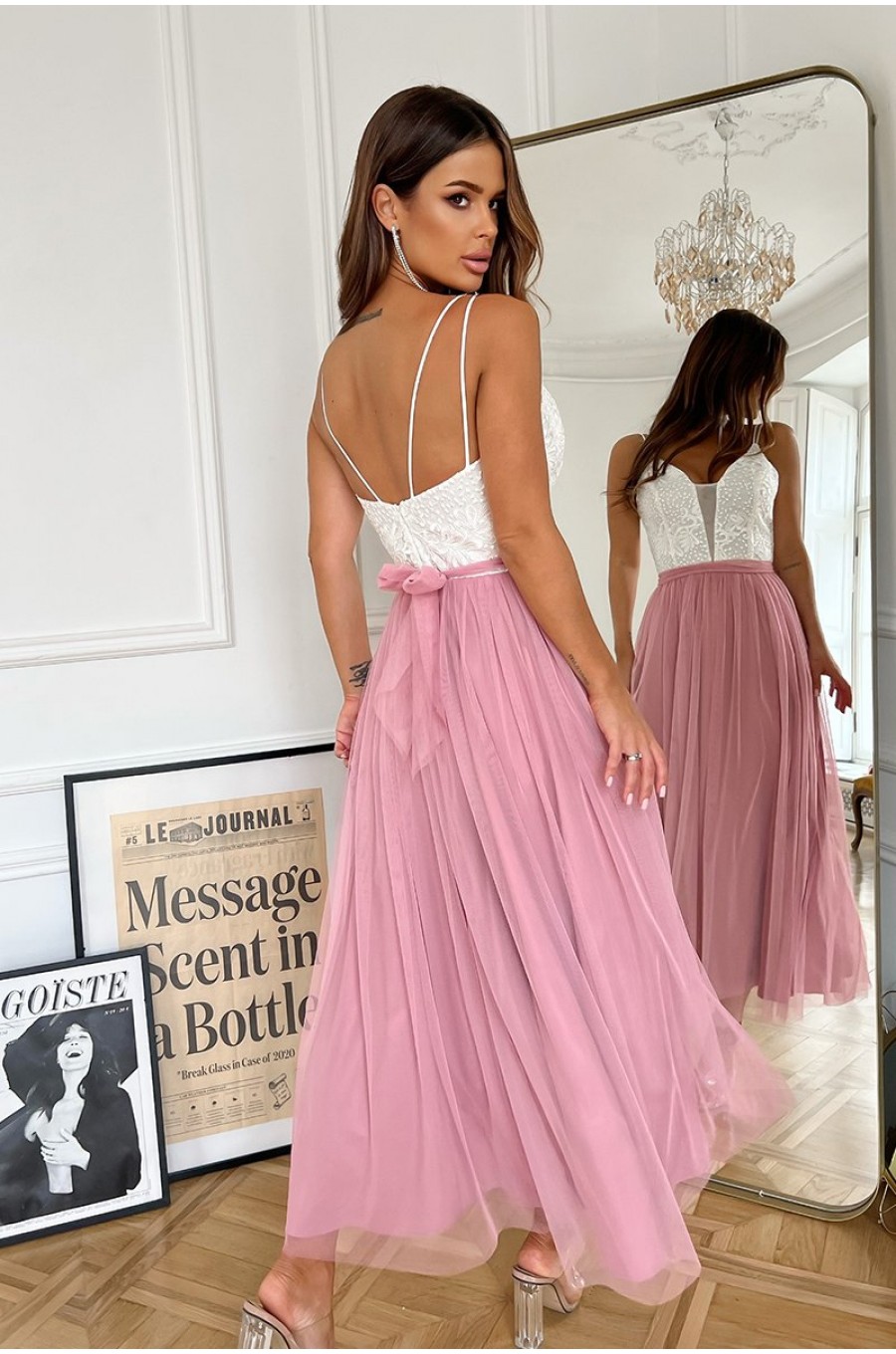 Rochie lunga din tul roz si dantela ecru vaporoasa Arabela Rochie lunga din tul roz si dantela ecru vaporoasa Arabela 2 - dyandra.ro