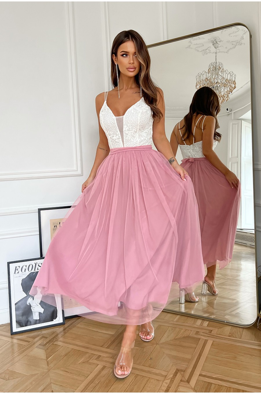 Rochie lunga din tul roz si dantela ecru vaporoasa Arabela Rochie lunga din tul roz si dantela ecru vaporoasa Arabela 4 - dyandra.ro