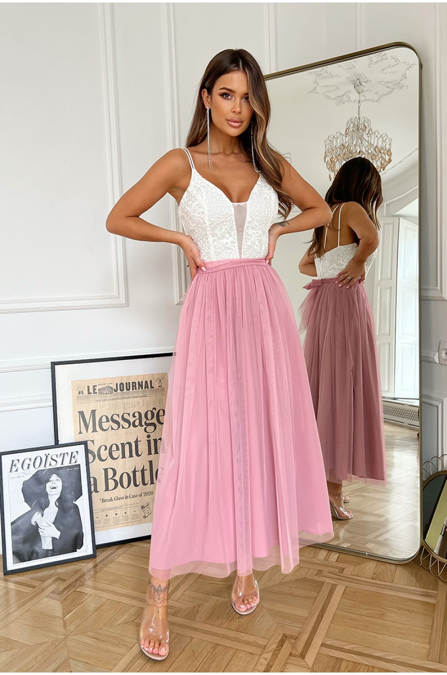 Rochie lunga din tul roz si dantela ecru vaporoasa Arabela Rochie lunga din tul roz si dantela ecru vaporoasa Arabela 7 - dyandra.ro