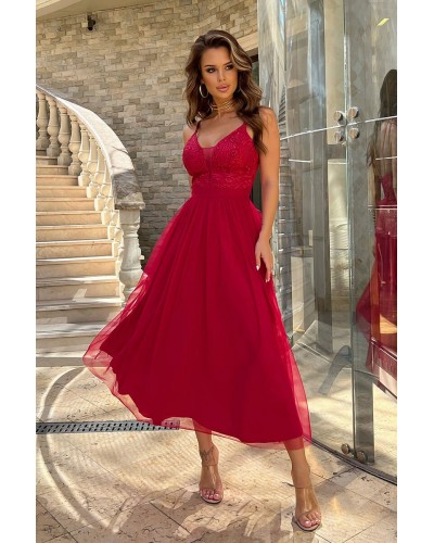 Rochie eleganta lunga, din tul si dantela, rosie strawberry, vaporoasa, Arabela - dyandra.ro