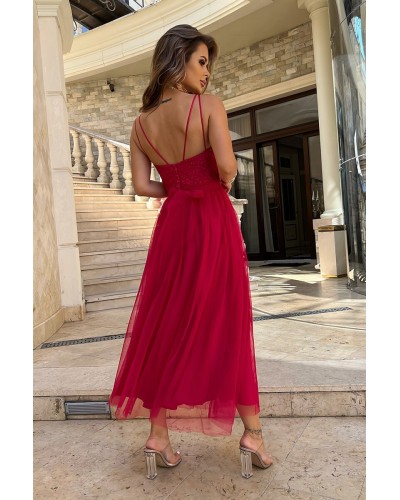 Rochie eleganta lunga, din tul si dantela, rosie strawberry, vaporoasa, Arabela - dyandra.ro
