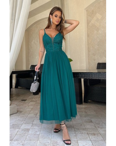 Rochie eleganta lunga, din tul verde, cu dantela pe bust, vaporoasa, Arabela - dyandra.ro