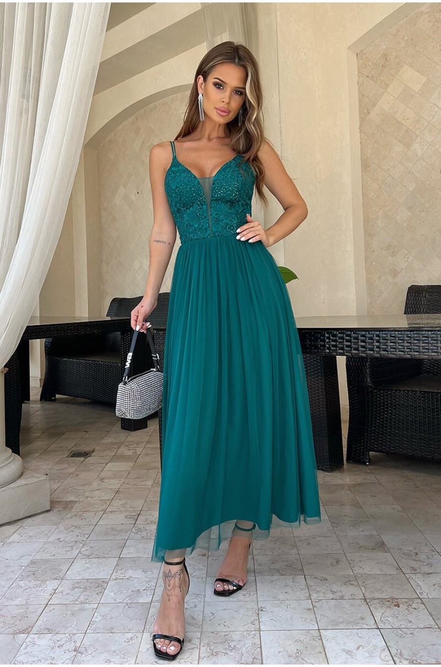 Rochie eleganta lunga, din tul verde, cu dantela pe bust, vaporoasa, Arabela 4 - dyandra.ro