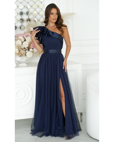 Rochie eleganta lunga din tulle bleumarin cu un umar gol si volan din satin Irresistible - dyandra.ro