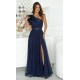 Rochie eleganta lunga din tulle bleumarin cu un umar gol si volan din satin Irresistible 2 - dyandra.ro