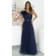 Rochie eleganta lunga din tulle bleumarin cu un umar gol si volan din satin Irresistible 5 - dyandra.ro