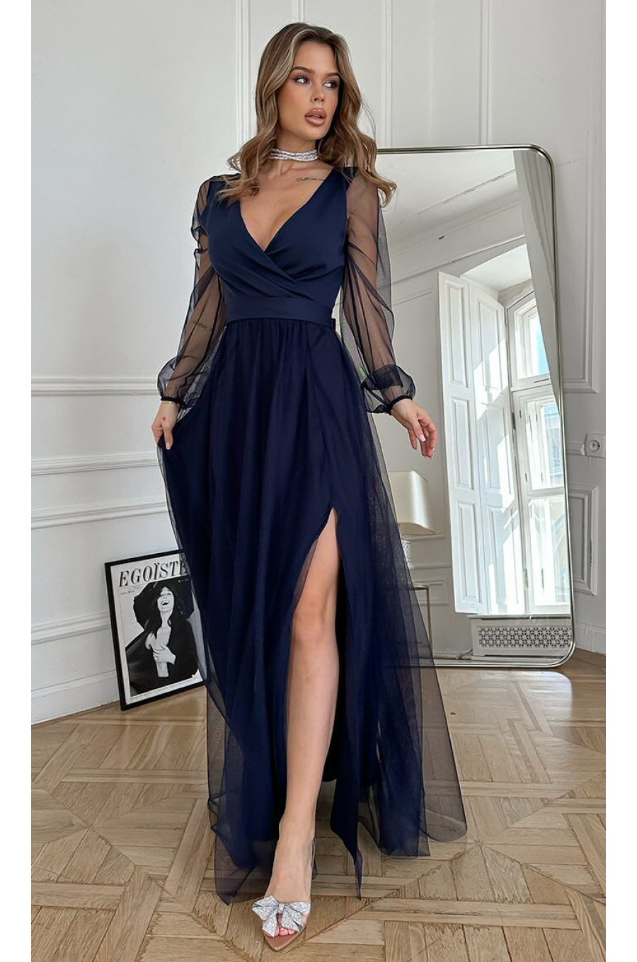 Rochie lunga din tull bleumarin navy cu maneca lunga SplendorB Rochie lunga din tull bleumarin navy cu maneca lunga SplendorB 2 - dyandra.ro