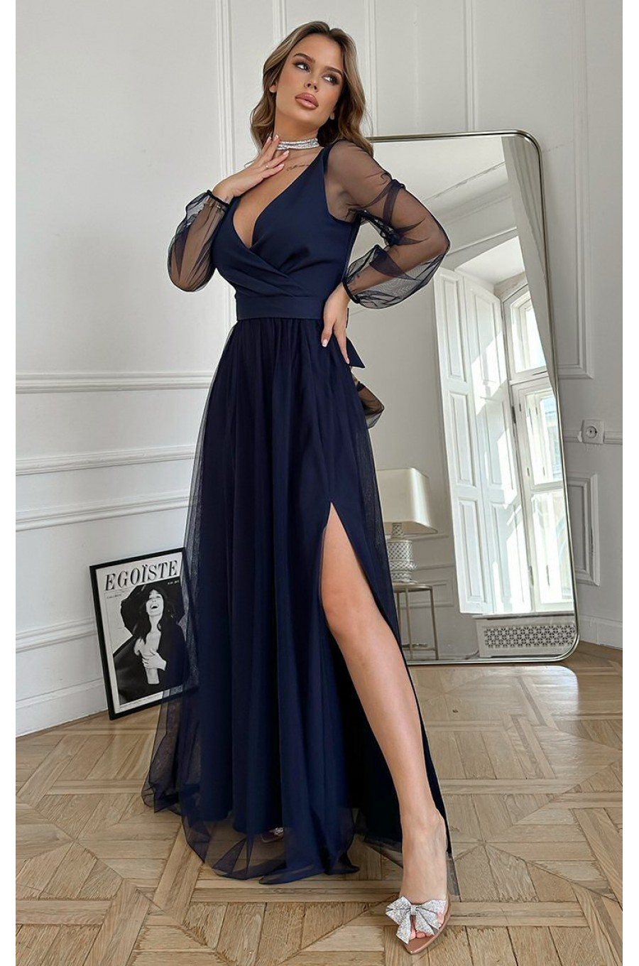 Rochie lunga din tull bleumarin navy cu maneca lunga SplendorB Rochie lunga din tull bleumarin navy cu maneca lunga SplendorB 5 - dyandra.ro