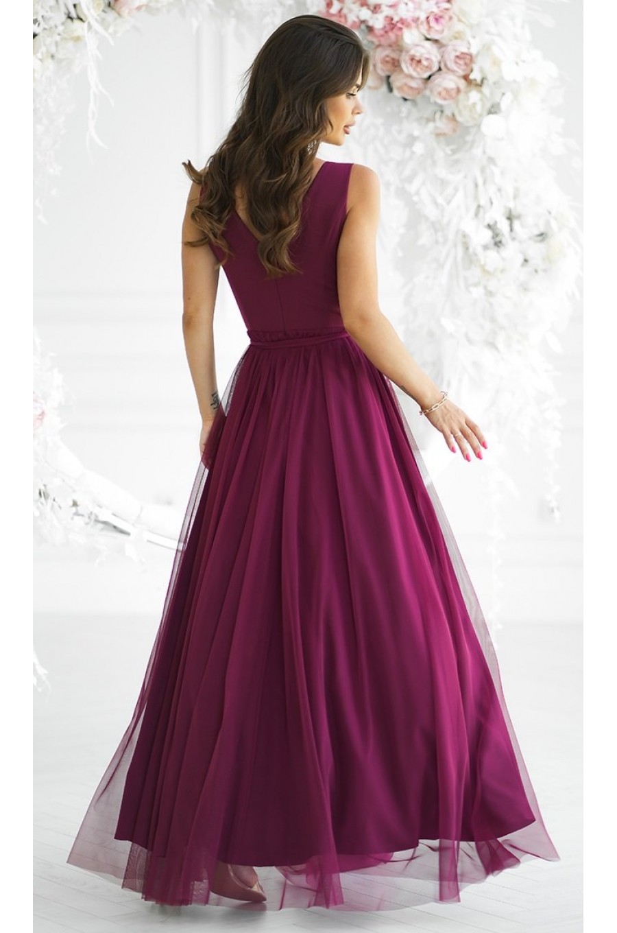 Rochie eleganta lunga din tulle burgundy vaporoasa cu floare decorativa Dyandra 2 - dyandra.ro