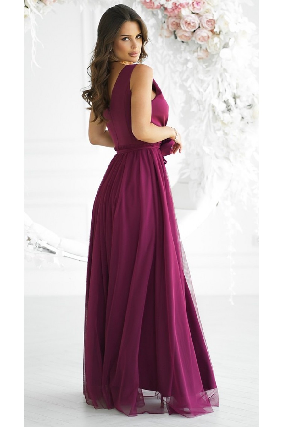 Rochie eleganta lunga din tulle burgundy vaporoasa cu floare decorativa Dyandra 3 - dyandra.ro