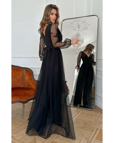 Rochie eleganta lunga neagra din tulle cu maneca lunga SplendorB - dyandra.ro