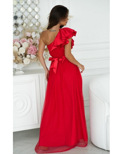 Rochie eleganta rosie lunga din tulle cu un umar gol si volan din satin Irresistible - dyandra.ro