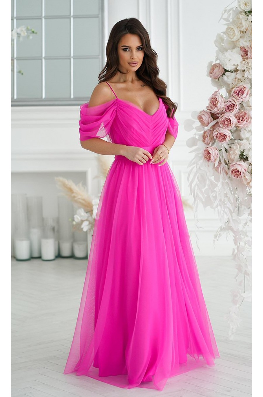 Rochie eleganta lunga din tulle roz fucsia vaporoasa cu umerii goi FloraY 5 - dyandra.ro
