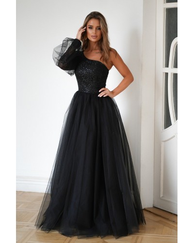 Rochie eleganta lunga neagra din tulle si dantela cu un umar gol si maneca lunga Azelle - dyandra.ro