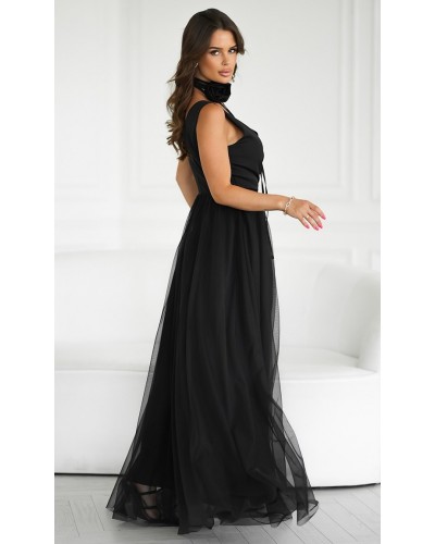 Rochii marimi mari, Rochie eleganta lunga neagra vaporoasa din tulle cu floare pe umar Dyandra - dyandra.ro