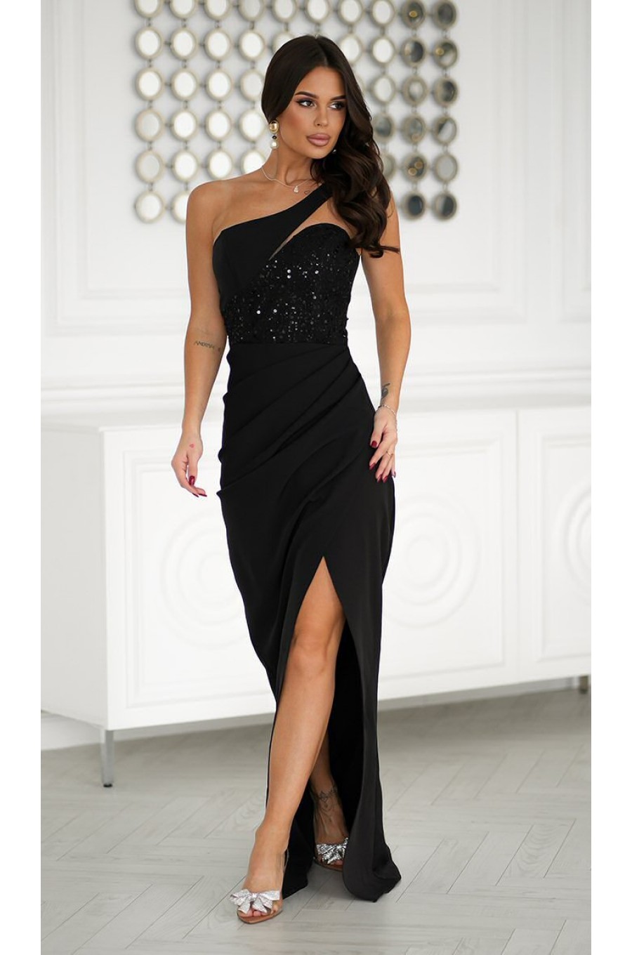 Rochie de ocazie eleganta lunga neagra cu paiete pe bust Extravaganza 1 - dyandra.ro