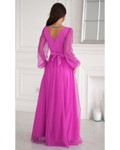 Rochie eleganta lunga roz bishop din tulle cu maneca lunga SplendorB - dyandra.ro