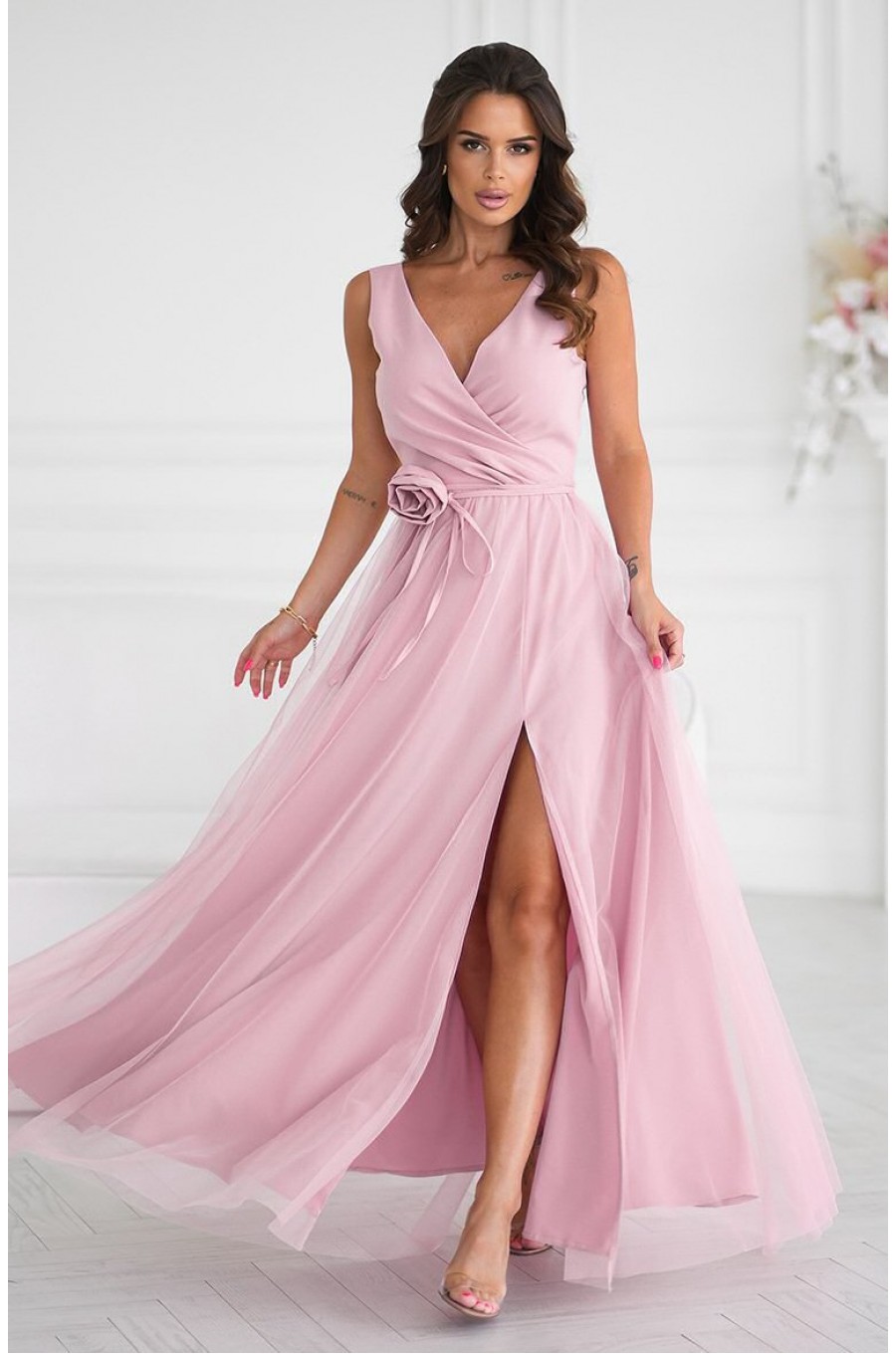 Rochie eleganta lunga roz prafuit din tulle cu floare decorativa vaporoasa Dyandra 1 - dyandra.ro