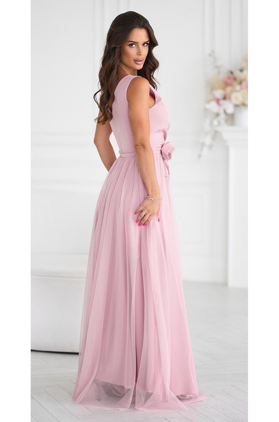 Rochie eleganta lunga roz prafuit din tulle cu floare decorativa vaporoasa Dyandra 2 - dyandra.ro