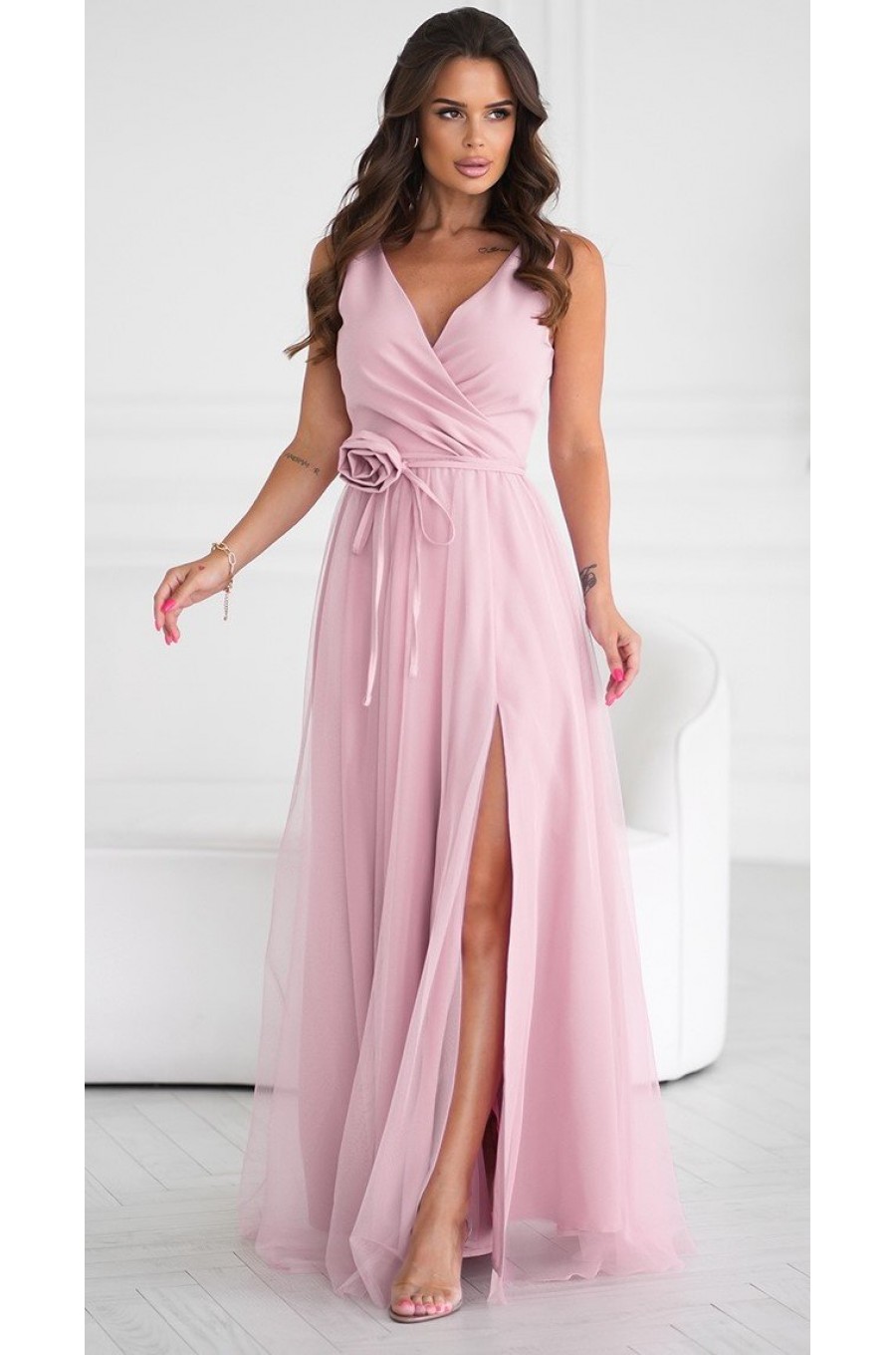 Rochie eleganta lunga roz prafuit din tulle cu floare decorativa vaporoasa Dyandra 6 - dyandra.ro
