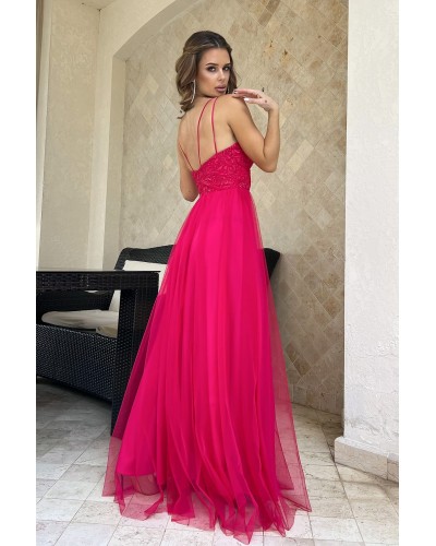 Rochie eleganta lunga roz zmeura din tulle si dantela vaporoasa Isadora - dyandra.ro