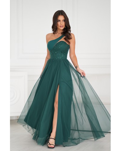 Rochii elegante, Rochie eleganta lunga verde cu tulle si paiete vaporoasa Louanna - dyandra.ro