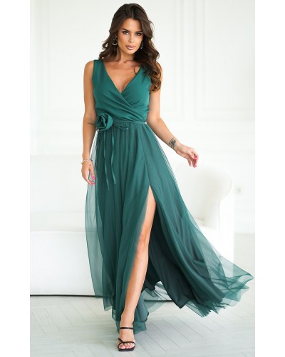 Rochii marimi mari, Rochie eleganta lunga verde vaporoasa din tulle cu floare decorativa Dyandra - dyandra.ro