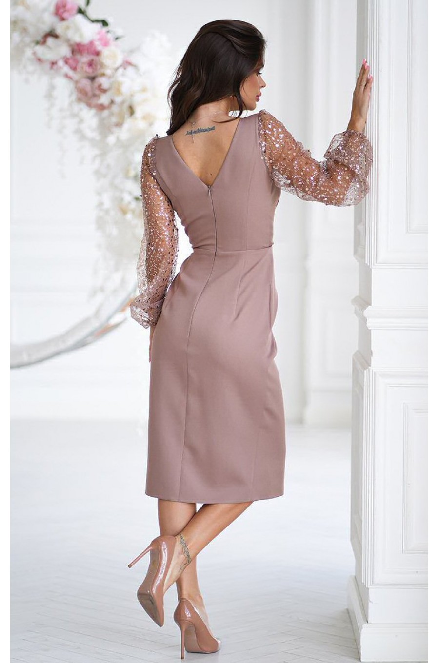 Rochie midi eleganta cappuccino cu paiete si maneca lunga Lavish 2 - dyandra.ro