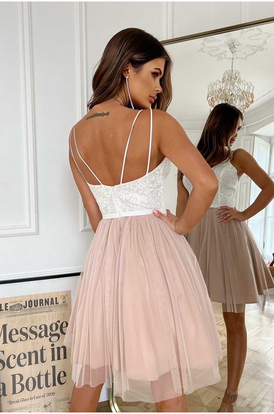 Rochie scurta din tul bej si dantela ecru baby doll Almateea 2 - dyandra.ro