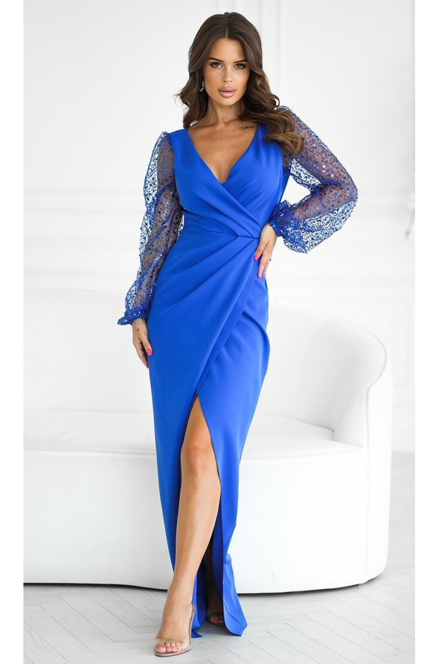 Rochie lunga albastra cu paiete cu maneca lunga petrecuta Deluxe Rochie lunga albastra cu paiete cu maneca lunga petrecuta Deluxe 1 - dyandra.ro