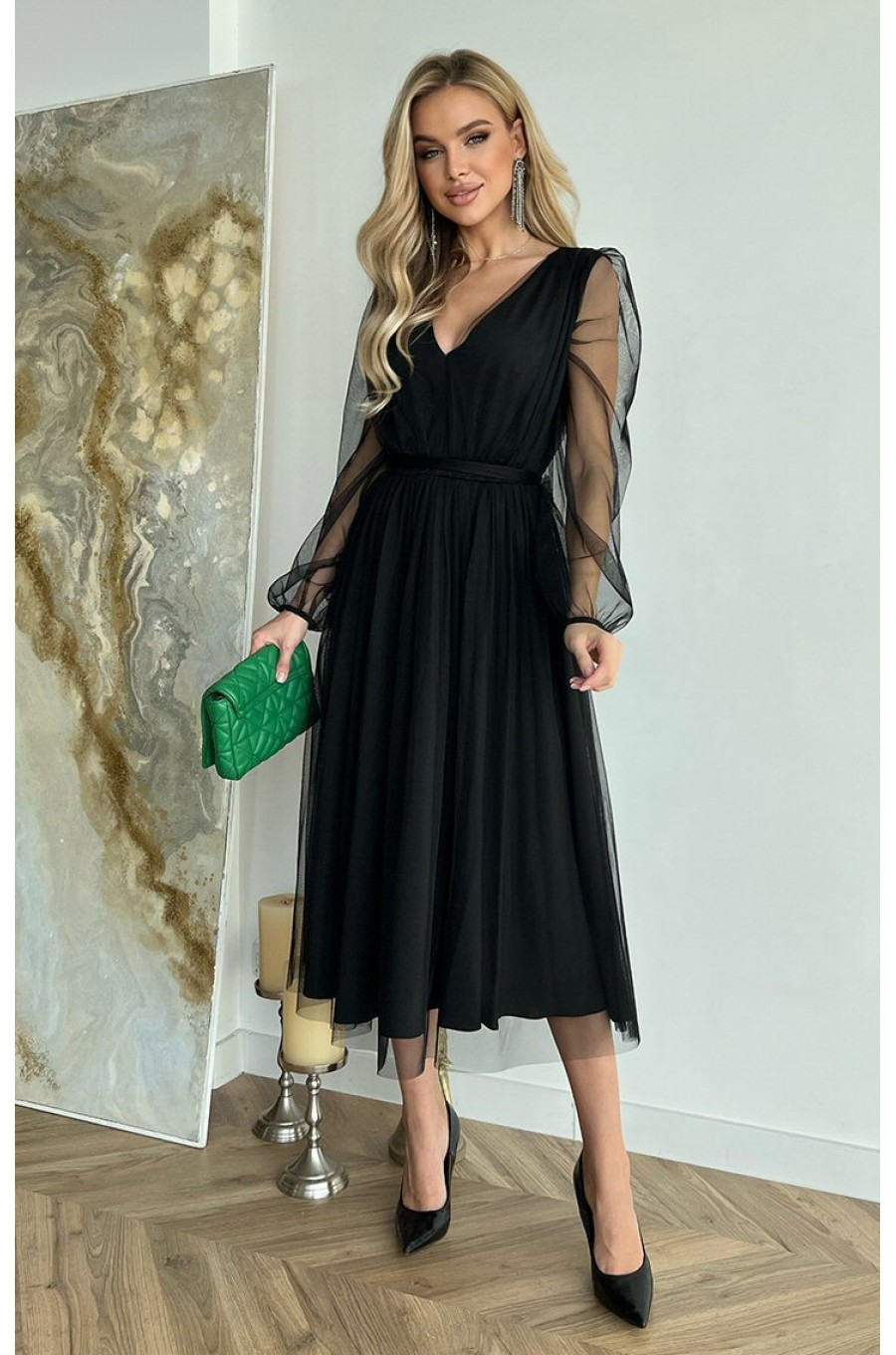 Rochie midi eleganta neagra din tul cu glitter evazata cu maneca lunga Petra 1 - dyandra.ro