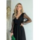 Rochie midi eleganta neagra din tul cu glitter evazata cu maneca lunga Petra 5 - dyandra.ro