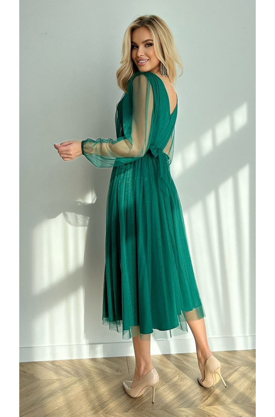 Rochie midi eleganta verde din tul cu glitter cu maneca lunga Petra 2 - dyandra.ro