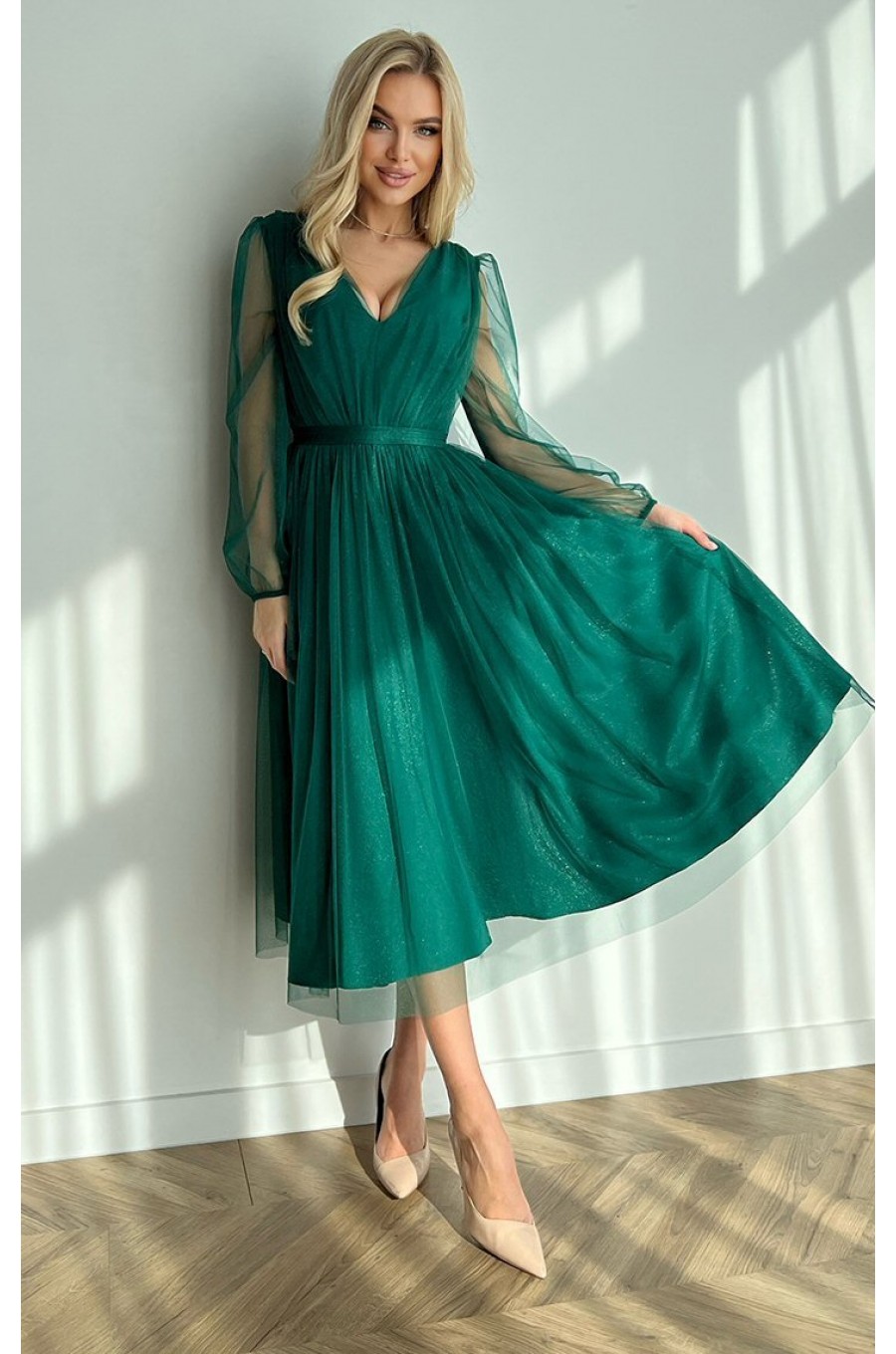 Rochie midi eleganta verde din tul cu glitter cu maneca lunga Petra 4 - dyandra.ro