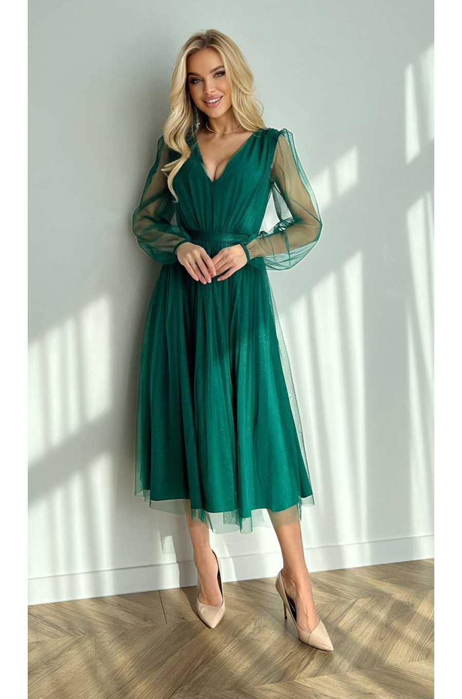 Rochie midi eleganta verde din tul cu glitter cu maneca lunga Petra 5 - dyandra.ro