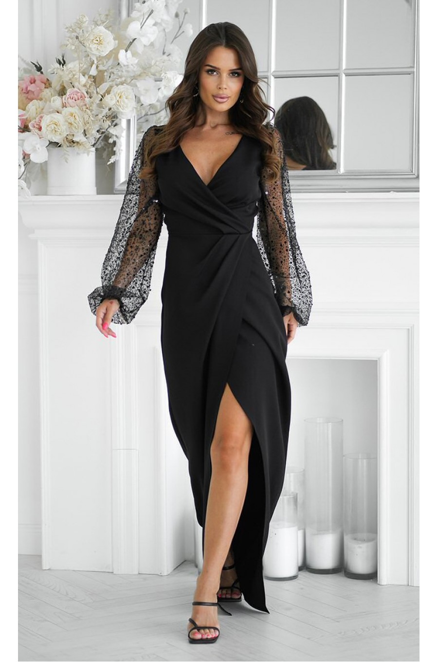 Rochie eleganta lunga neagra cu paiete cu maneca lunga petrecuta Deluxe 1 - dyandra.ro