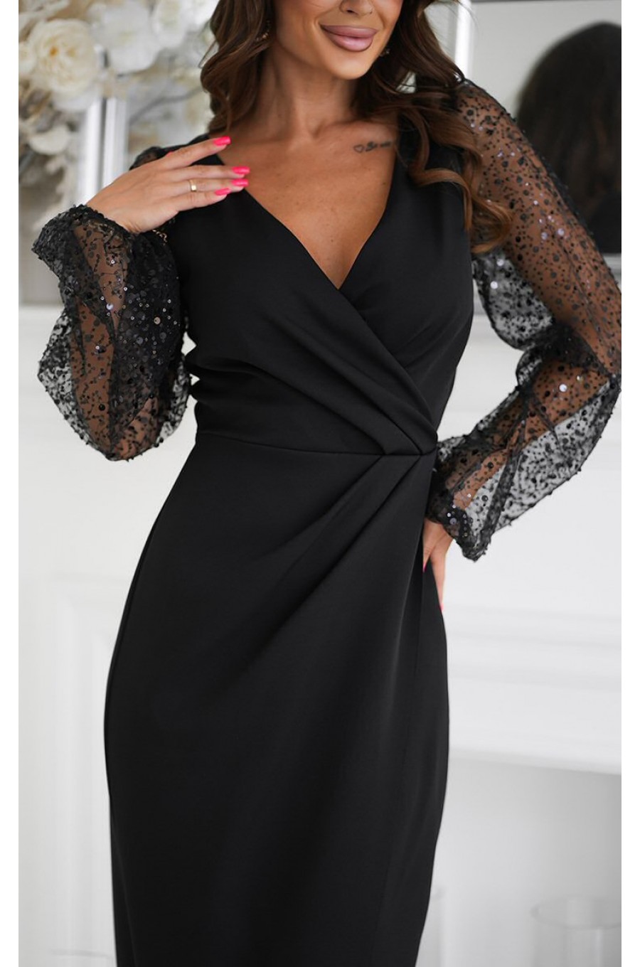 Rochie eleganta lunga neagra cu paiete cu maneca lunga petrecuta Deluxe 5 - dyandra.ro