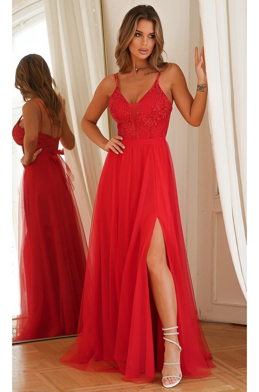 Rochie rosie lunga din tulle si dantela vaporoasa Isadora Rochie rosie lunga din tulle si dantela vaporoasa Isadora 1 - dyandra.ro