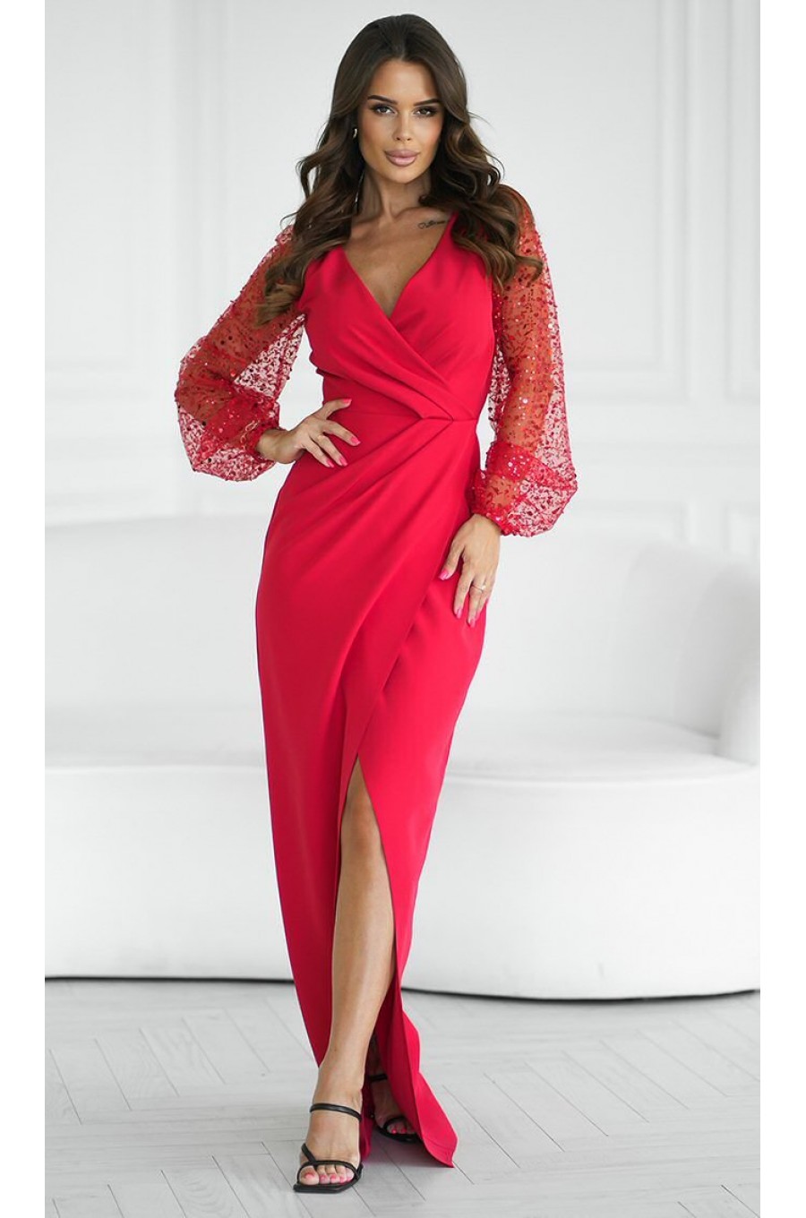 Rochie lunga rosie cu paiete cu maneca lunga petrecuta Deluxe Rochie lunga rosie cu paiete cu maneca lunga petrecuta Deluxe 1 - dyandra.ro