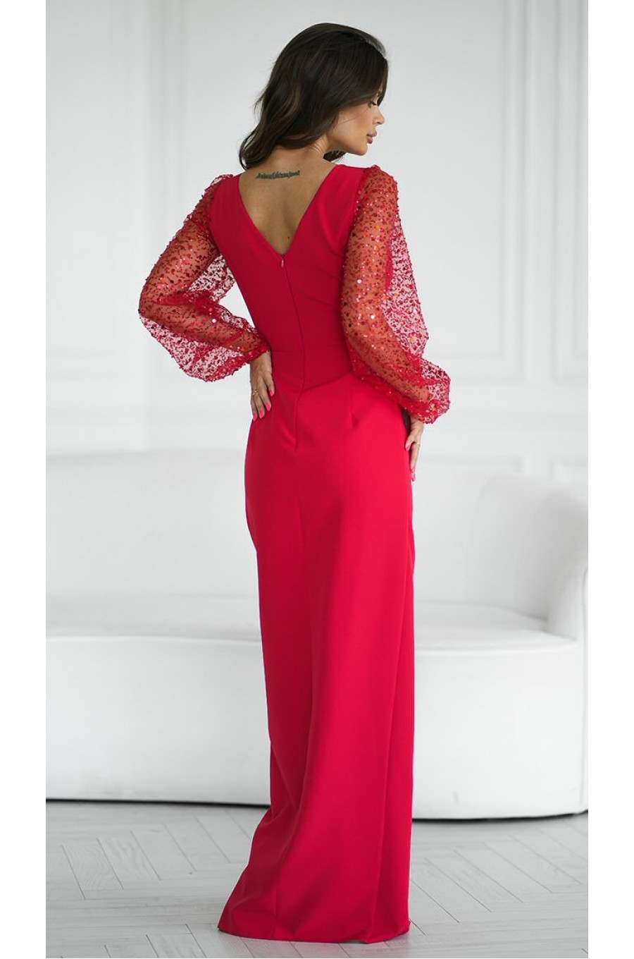 Rochie lunga rosie cu paiete cu maneca lunga petrecuta Deluxe Rochie lunga rosie cu paiete cu maneca lunga petrecuta Deluxe 2 - dyandra.ro