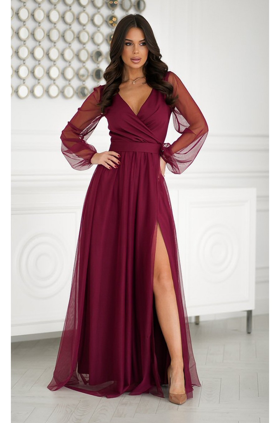 Rochie vaporoasa lunga burgundy din tulle cu maneca lunga SplendorB 1 - dyandra.ro