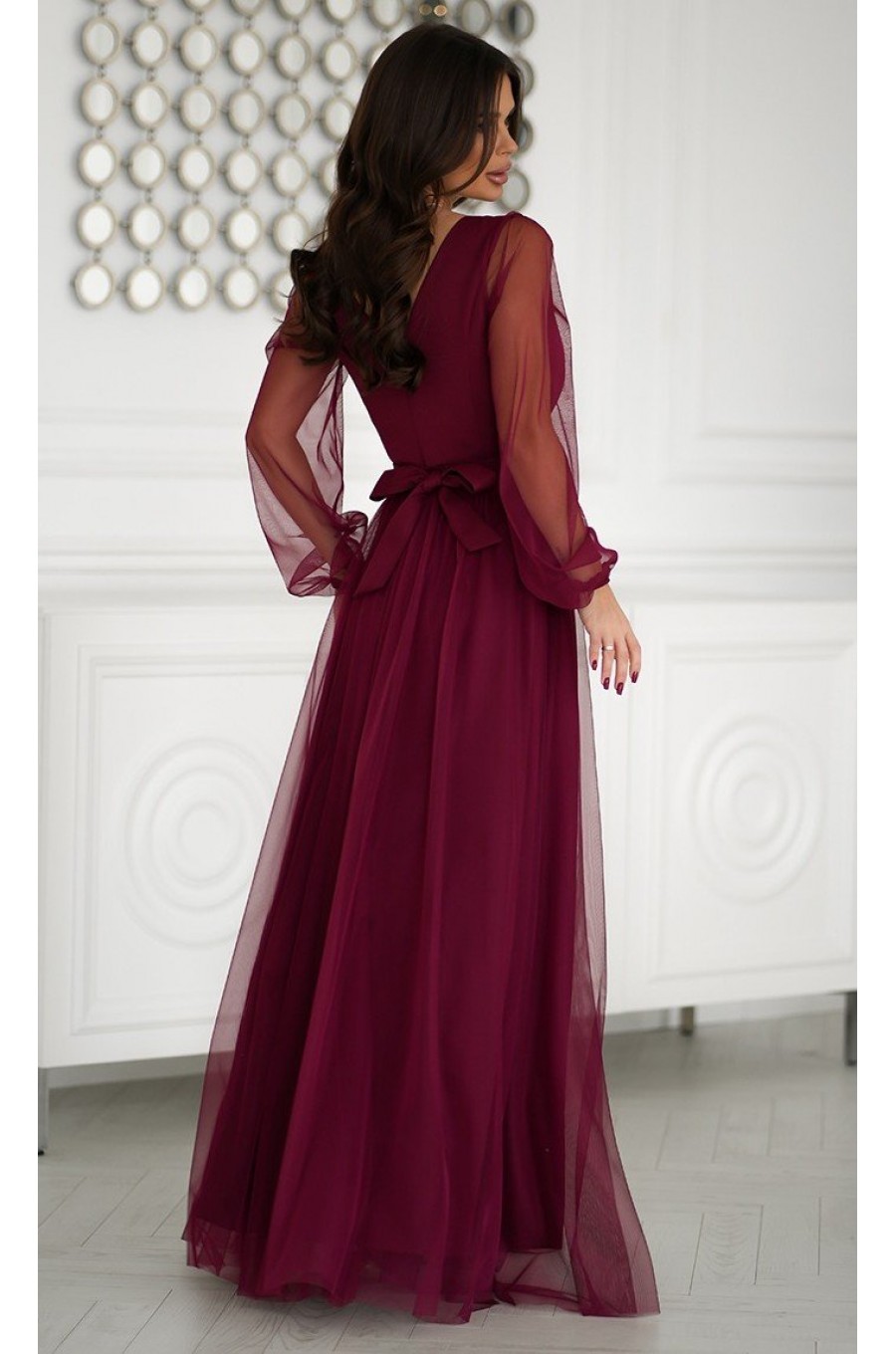 Rochie vaporoasa lunga burgundy din tulle cu maneca lunga SplendorB 2 - dyandra.ro