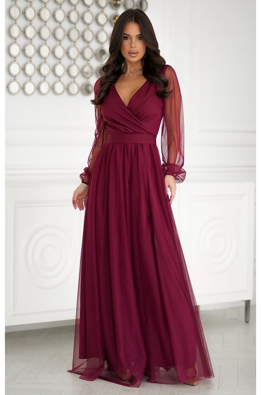 Rochie vaporoasa lunga burgundy din tulle cu maneca lunga SplendorB 3 - dyandra.ro
