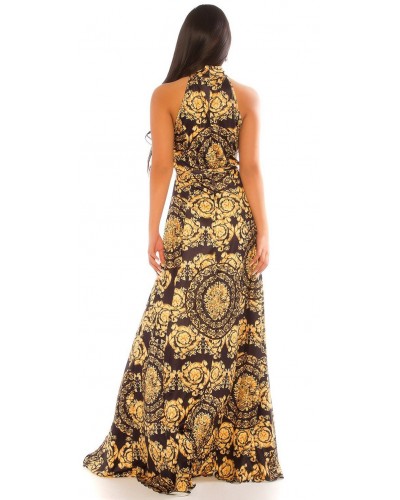 Rochie ocazie lunga cu imprimeu baroc negru galben Callida - dyandra.ro