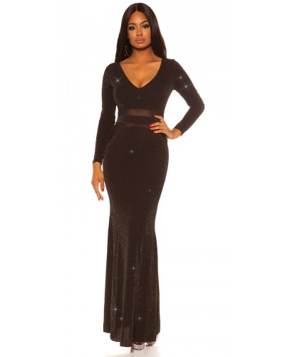 Rochie eleganta de seara lunga, lurex, neagra, mulata, cu maneca lunga, Akma - dyandra.ro