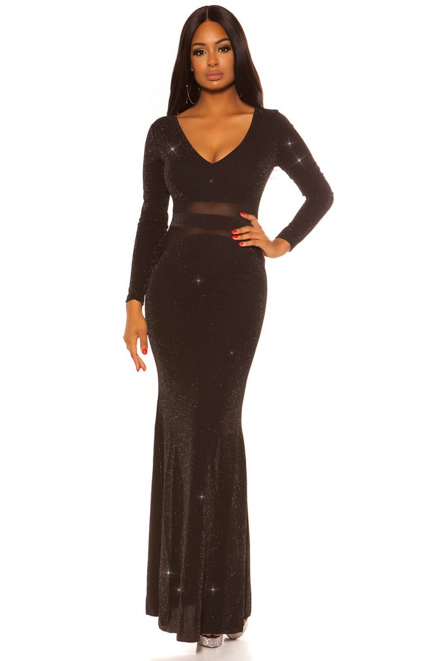 Rochie eleganta de seara lunga, lurex, neagra, mulata, cu maneca lunga, Akma 1 - dyandra.ro