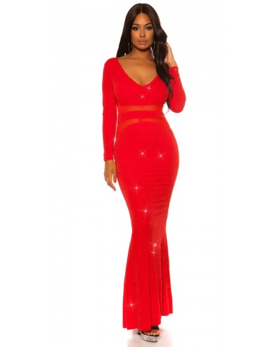 Rochie lunga rosie mulata din lurex cu maneca lunga Akma - dyandra.ro